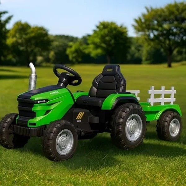 12V Kids Electric Ride-On Tractor with Detachable Trailer and Music - Green - Image 3